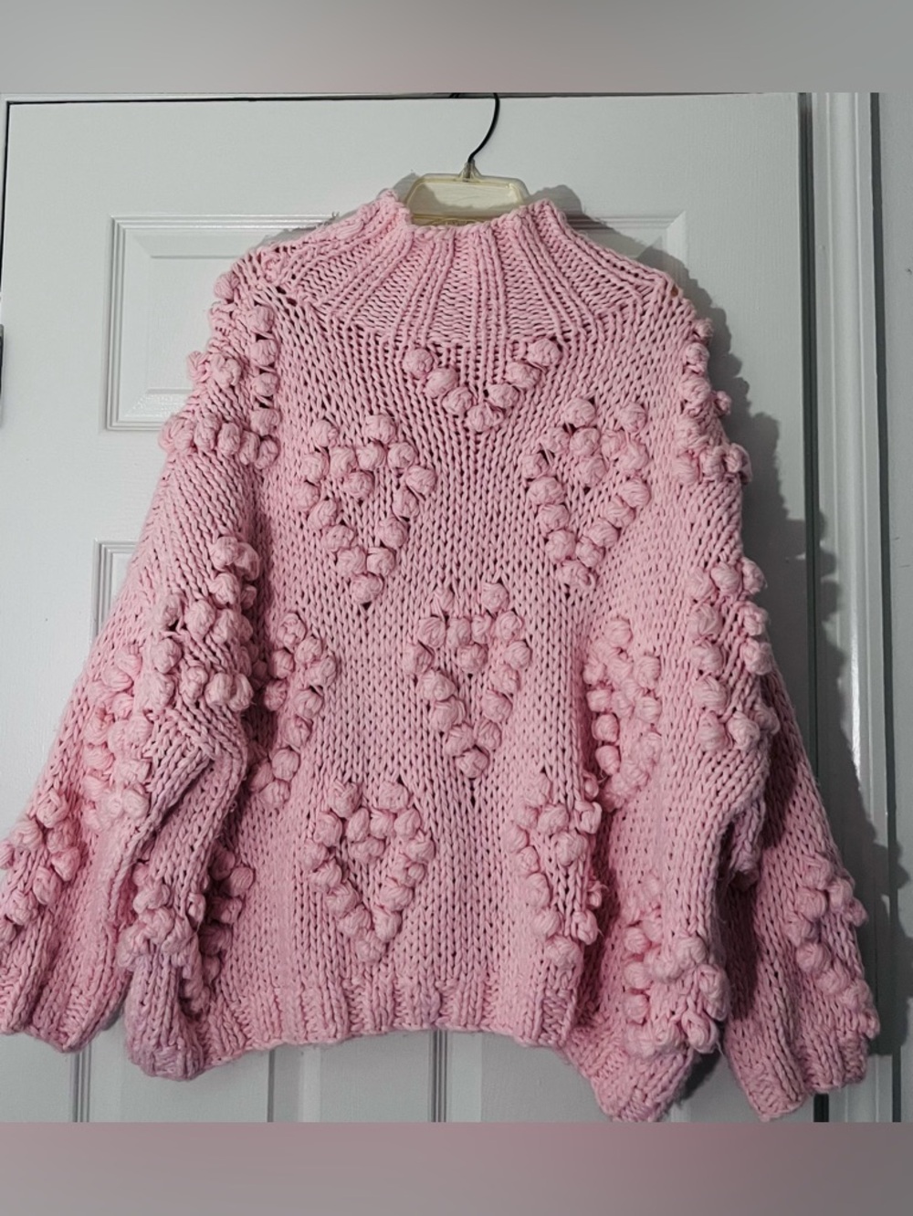 Chicwish Women’s  Pink Chunky Knit Turtleneck Handmade Sweater Pom-Bobble Hearts